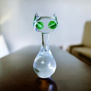 MCM Gullaskruf  Swedish Hand Blown Art Glass Cat With Green Eyes 1950s